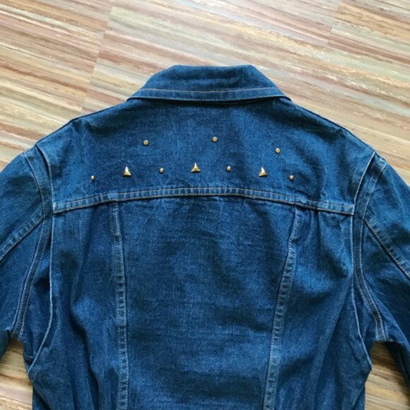 Three Bars Denim Jean Zip Front Jacket Gold Stud Detail Vintage Made in Canada - Picture 2 of 10